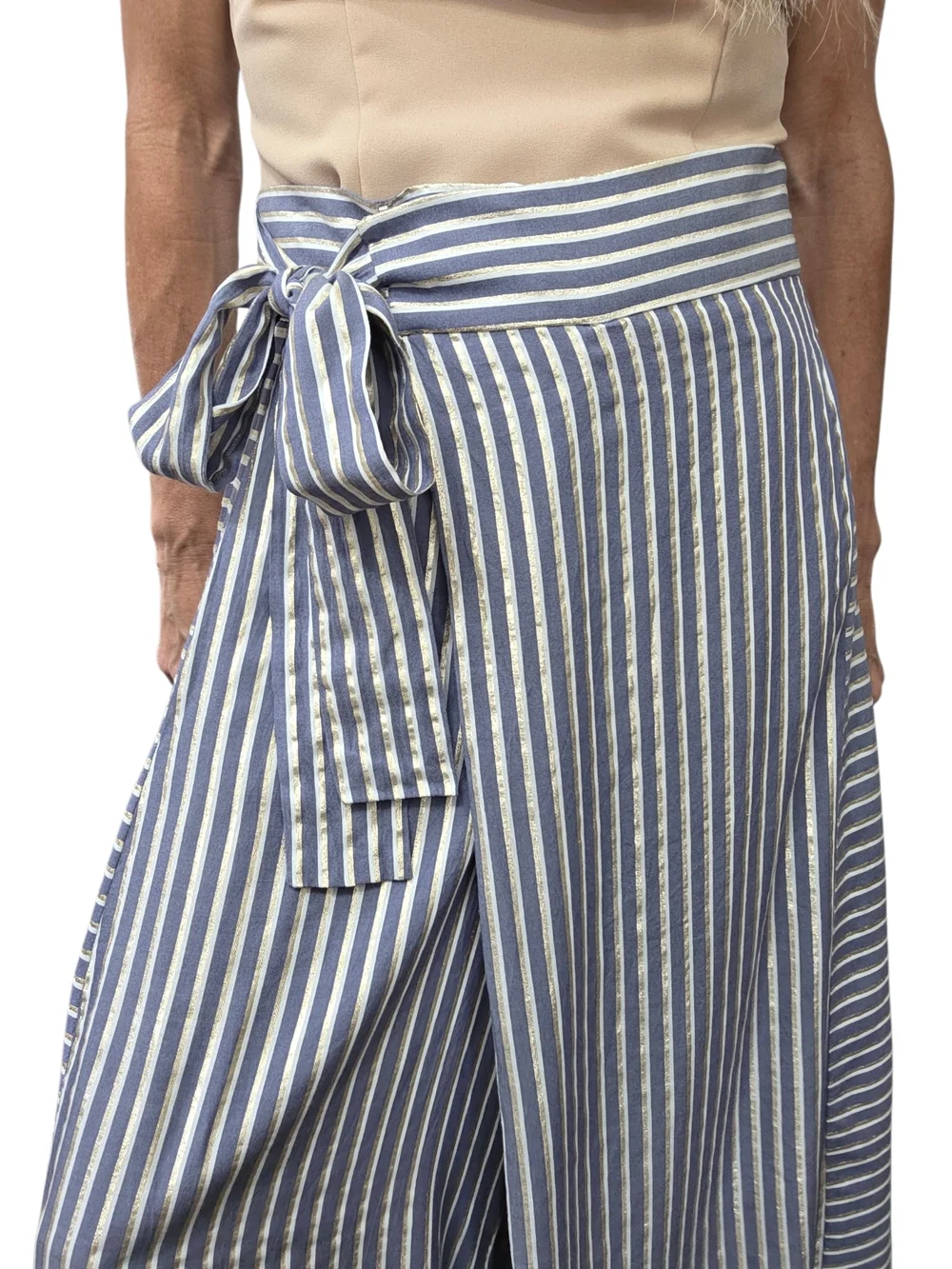 Eva Franco Striped Wide Leg Crop Pants Gold Lurex Tie Waist 6 - Picture 7 of 12